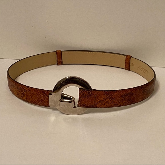 AVIGNON BELT BROWN LEATHER TEXTURED CROC LOOK SILVER O RING BUCKLE SIZE L USA - Picture 2 of 12